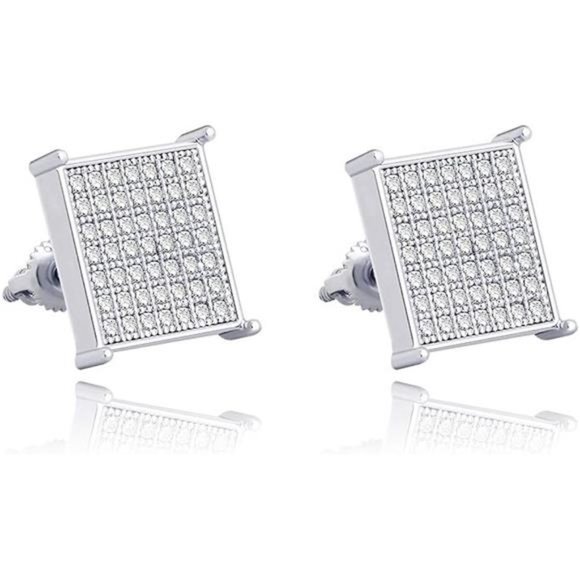 Classic Square Silver  925 Sterling Silver Simulated Iced Out Diamond Earrings - Picture 1 of 4